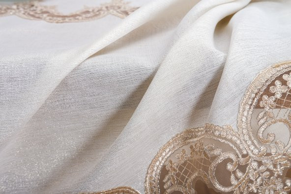 Finezza Elena Lüx Dantelli Simli Keten Kumaş Bej Masa Örtüsü  160x220 cm-1461 - 7