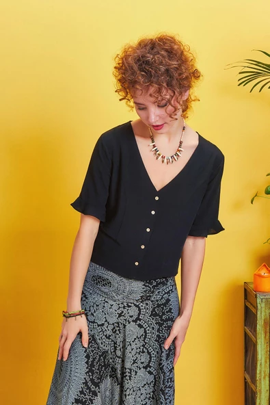 Drape Detay Beli Lastikli Şalvar Pantolon - 3