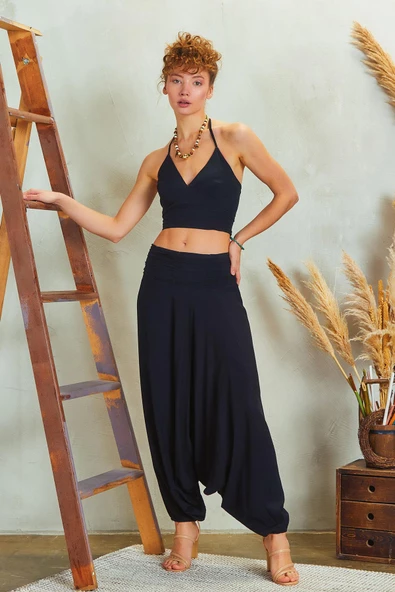 Drape Detay Beli Lastikli Şalvar Pantolon - 3