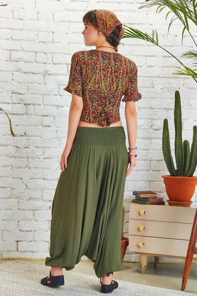 Drape Detay Beli Lastikli Şalvar Pantolon - 5