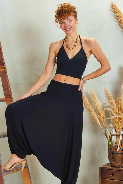 Drape Detay Beli Lastikli Şalvar Pantolon - 4