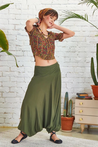 Drape Detay Beli Lastikli Şalvar Pantolon - 2