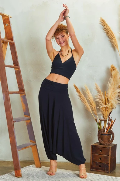 Drape Detay Beli Lastikli Şalvar Pantolon - 2