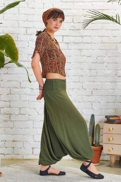 Drape Detay Beli Lastikli Şalvar Pantolon - 4