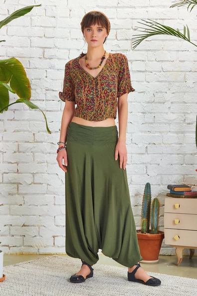 Drape Detay Beli Lastikli Şalvar Pantolon