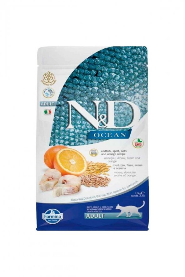 N&D Düşük Tahıllı Ocean Morina Balıklı Ve Portakallı Yetişkin Kedi Maması 1 Kg. Açık Paket