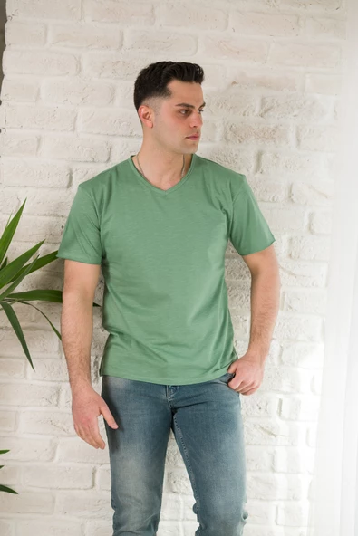 FBI SLİMFİT YIRTIKLI V YAKA PAMUKLU ERKEK YAZLIK T-SHİRT