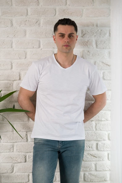 FBI SLİMFİT YIRTIKLI V YAKA PAMUKLU ERKEK YAZLIK T-SHİRT - 6