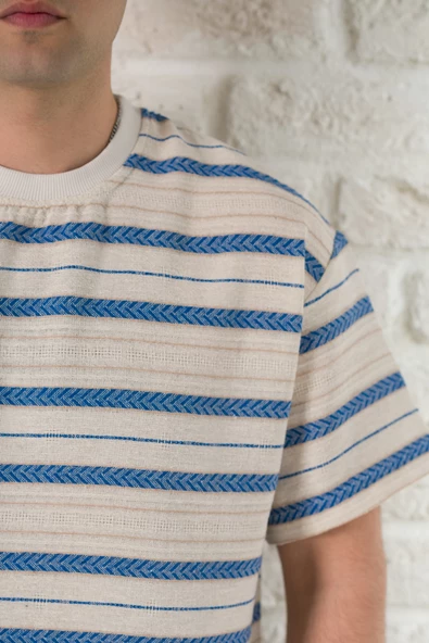 OVERSİZE BİSİKLET YAKA ÇİZGİLİ KETEN YAZLIK T-SHİRT - Resim 4