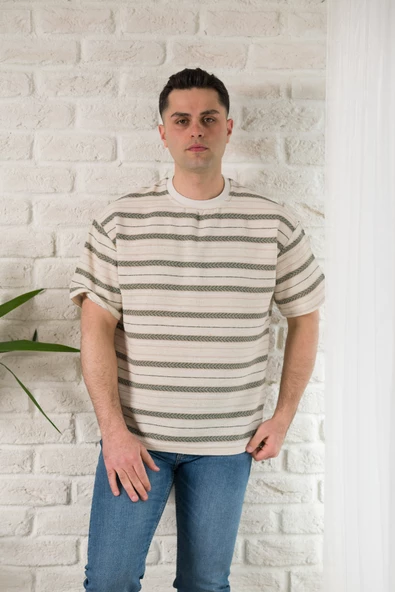 OVERSİZE BİSİKLET YAKA ÇİZGİLİ KETEN YAZLIK T-SHİRT - Resim 5