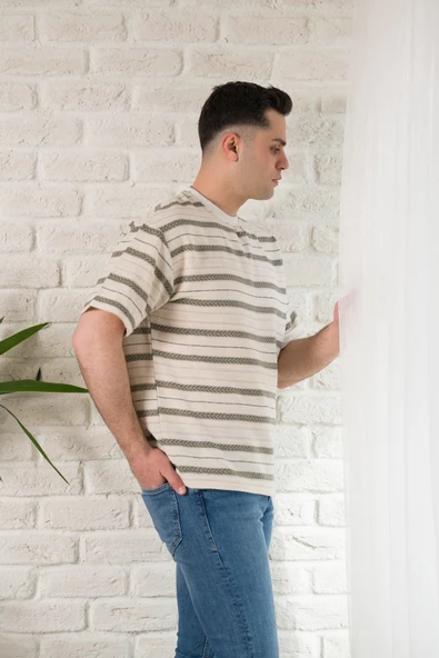 OVERSİZE BİSİKLET YAKA ÇİZGİLİ KETEN YAZLIK T-SHİRT - Resim 7