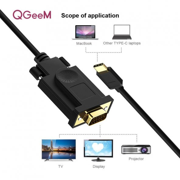 Qgeem QG-UA17 1.8m USB Type-C to Erkek VGA Kablo - 2