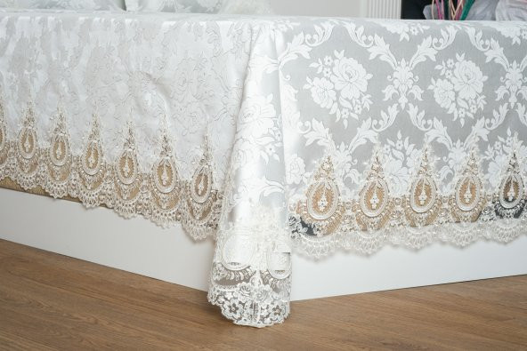 Finezza Beste Fransız Dantelli Simli Jakar Kumaş Gümüş Yatak Örtüsü 3 Prç -1448 - 3
