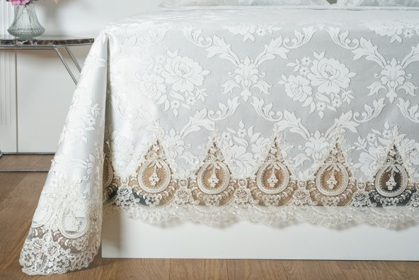 Finezza Beste Fransız Dantelli Simli Jakar Kumaş Gümüş Yatak Örtüsü 3 Prç -1448 - 4