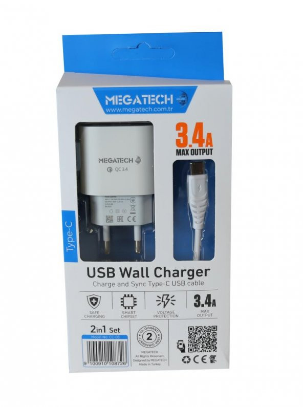 Megatech CC-03 (MT-Ct34 )3.4A Type-C Usb Kablo+ Ev Şarj Adaptör Hızlı Şarj - 2
