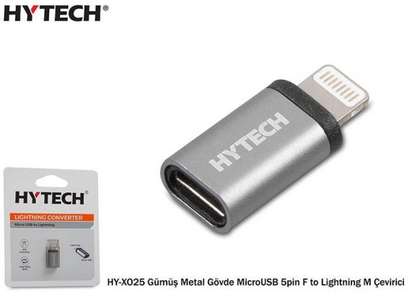 Hytech HY-XO25 Gümüş Metal Gövde MicroUSB 5pin F to Lightning M Çevirici - 1