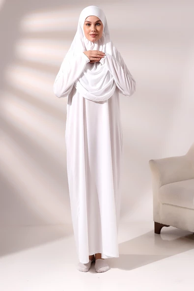 Tek Parça Namaz Elbisesi - Beyaz - 5015 - 4