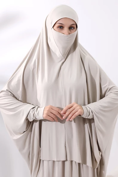 İki Parça Pratik Namaz Elbisesi 8016 Krem - Resim 4