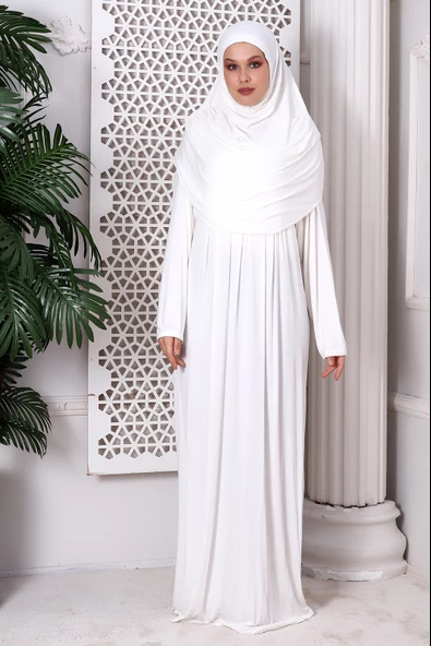 Tek Parça Pratik Başörtülü Robalı Namaz Elbisesi 8015 Kırık Beyaz - 3