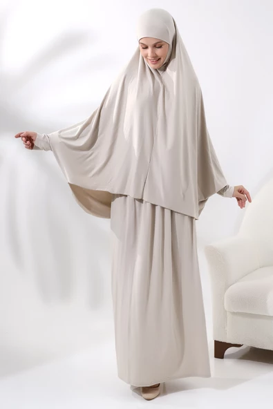 İki Parça Pratik Namaz Elbisesi 8016 Krem - Resim 2