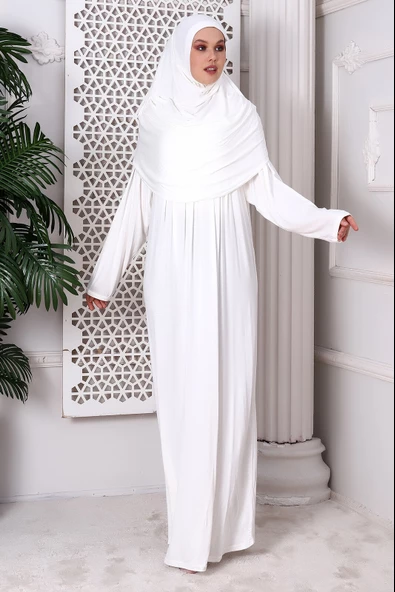Tek Parça Pratik Başörtülü Robalı Namaz Elbisesi 8015 Kırık Beyaz - 4