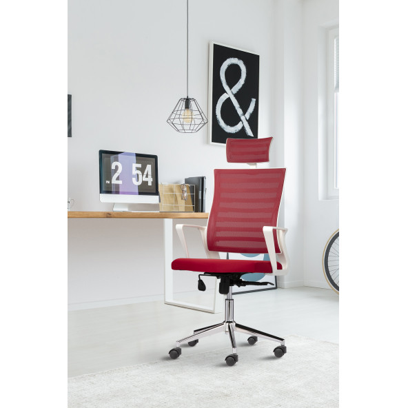 Asbir Mobilya Ceo Fileli Başlıklı Metal Ayaklı Çalışma Koltuğu Ofis Sandalyesi Kırmızı