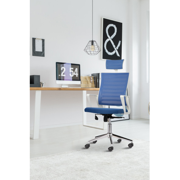 Asbir Mobilya Ceo Fileli Başlıklı Metal Ayaklı Çalışma Koltuğu Ofis Sandalyesi Mavi