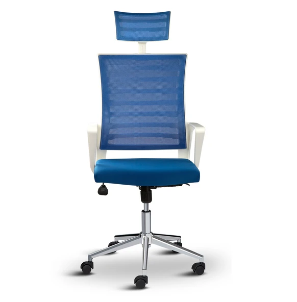 Asbir Mobilya Ceo Fileli Başlıklı Metal Ayaklı Çalışma Koltuğu Ofis Sandalyesi Mavi