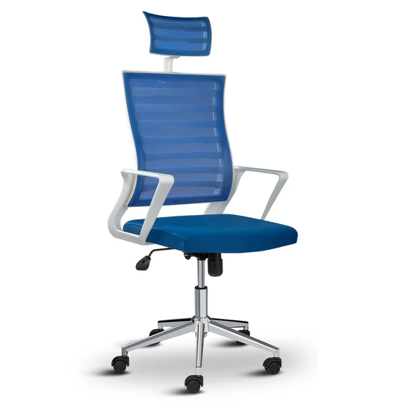 Asbir Mobilya Ceo Fileli Başlıklı Metal Ayaklı Çalışma Koltuğu Ofis Sandalyesi Mavi - 2