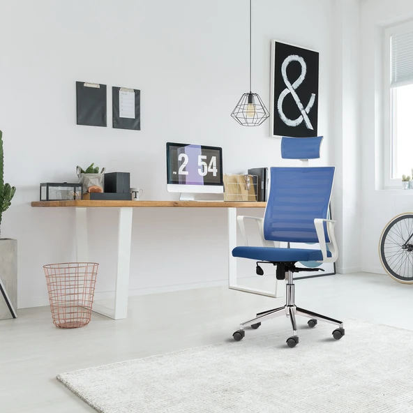 Asbir Mobilya Ceo Fileli Başlıklı Metal Ayaklı Çalışma Koltuğu Ofis Sandalyesi Mavi - 5