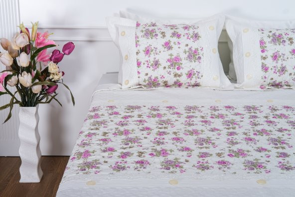 Finezza Gülfem Çiçek Baskılı Pembe Yatak Örtüsü Takımı Çift Kişilik 6 Parça-1464 - 2