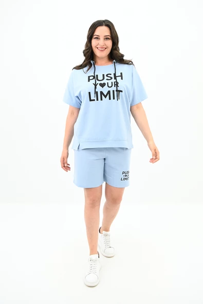 Kadın Yüksek Bel Yazı Baskılı Büyük Beden Şortlu Takım 8006-23 - 3