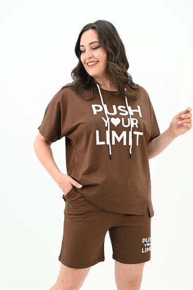 Kadın Yüksek Bel Yazı Baskılı Büyük Beden Şortlu Takım 8006-23 - 12