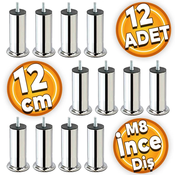 Mobilya Kanepe Koltuk Baza Yatak Çekyat Yükseltme Ayağı M8 Ince Diş Metal Ayakları 12 Cm 12 Adet