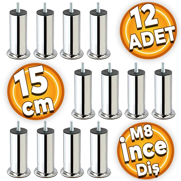 Mobilya Kanepe Baza Koltuk Yatak Çekyat Destek Yükseltme Ayağı M8 15 Cm Krom Metal Ayakları 12 Adet
