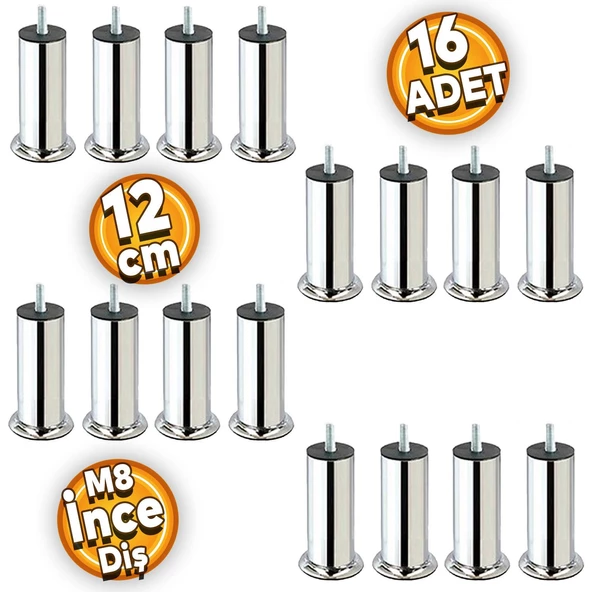Mobilya Kanepe Koltuk Baza Yatak Çekyat Yükseltme Ayağı M8 Ince Diş Metal Ayakları 12 Cm 16 Adet