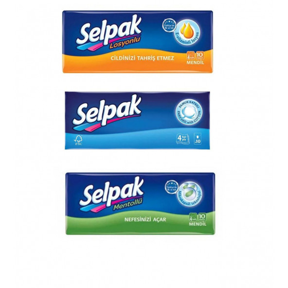 SELPAK MENDİL 3 LÜ SET (LOSYON-KLASİK-MENTOL)10 X 3 (30 ADET 10LU MENDİL) - 2