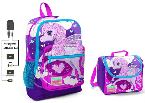 Coral High Mavi Unicorn Baskılı Okul Çantası ve Beslenme Çantası Seti - Kız Çocuk - USB Soketli ürün görseli