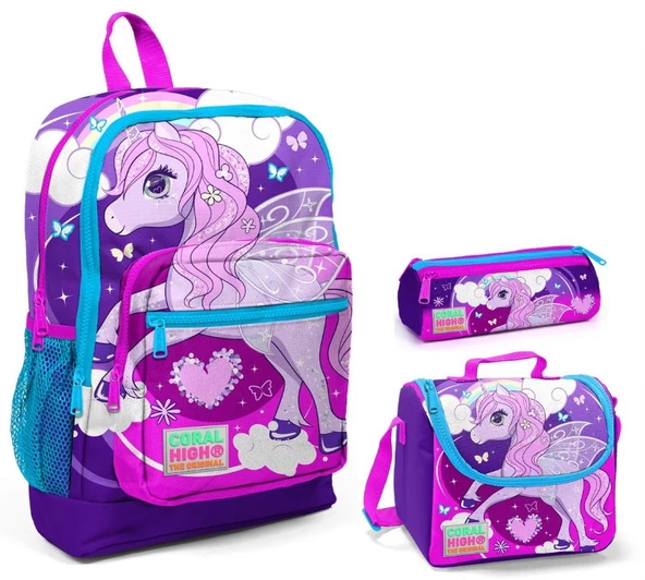 Coral High Mor Unicorn Baskılı Kız Çocuk 3'lü İlkokul Çanta Seti