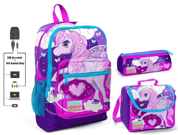 Coral High Mor Unicorn Baskılı Kız Çocuk İlkokul Çanta Seti - USB Çıkışlı