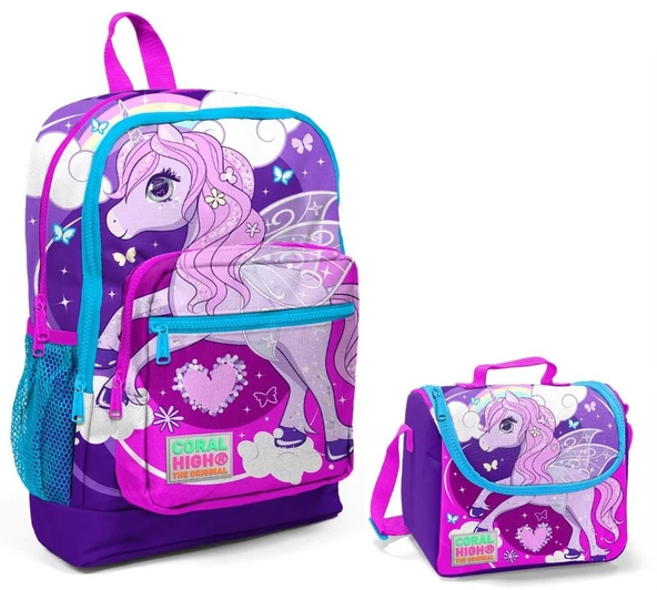 Coral High Mor Unicorn Baskılı Kız Çocuk İlkokul Çantası ve Beslenme Seti ürün görseli