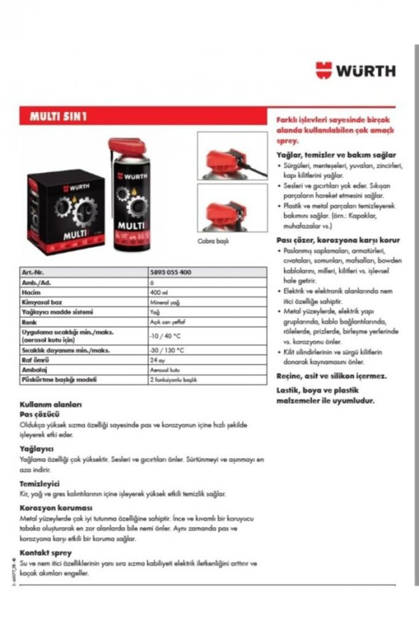 Würth Multi 5IN1 Çok Amaçlı Yağlama Temizleme Sprey 400ml - Resim 3