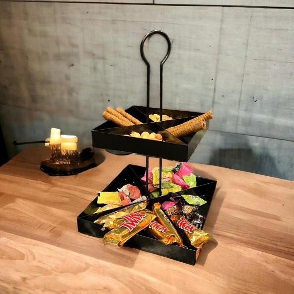 2 Katlı Dekoratif Metal Çerezlik, Peynir Sunum Servis Tabağı - Lokumluk -Makaron, Pankek Ve Tatlı Sunum Standı SİYAH - 3