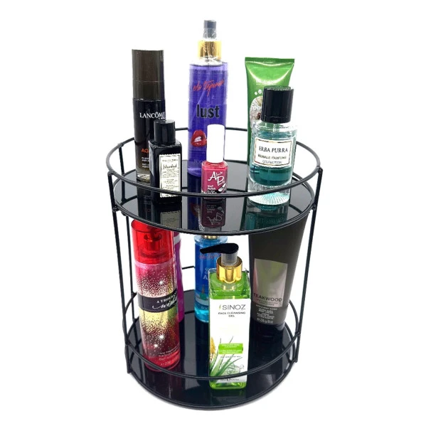2 Katlı Banyo, Kozmetik Düzenleyici, Takı Standı, Organizer ve Çok Amaçlı  Servis Sunum Tepsisi, İkramlık 23CM SİYAH - 6