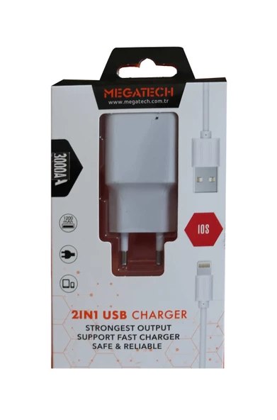 Megatech 3.0A Ev 2IN1 Ev Şarj Kafa +Iphone Şarj Kablo Hızlı Şarj