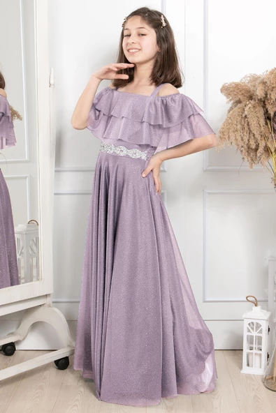 Fırfır Detaylı Simli Tül Abiye Lila MDV314