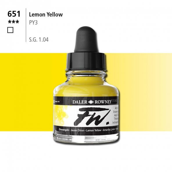 Daler Rowney Fw Acrylic Artisits Ink 29.5 ml Damlalıklı Cam Şişe Lemon Yellow 651 ürün görseli 1