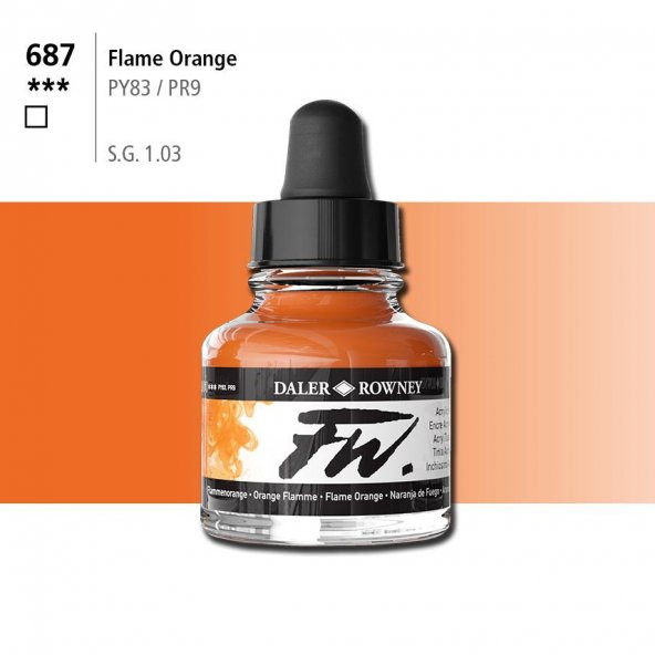 Daler Rowney Fw Acrylic Artisits Ink 29.5 ml Damlalıklı Cam Şişe Flame Orange 687