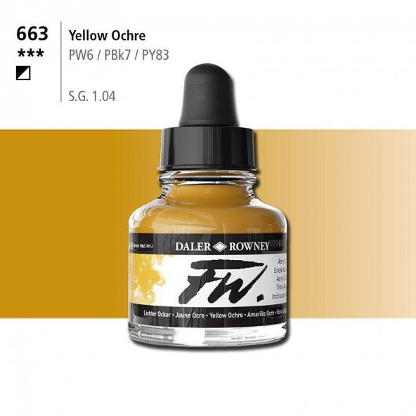 Daler Rowney Fw Acrylic Artisits Ink 29.5 ml Damlalıklı Cam Şişe Yellow Ochre 663 ürün görseli 1