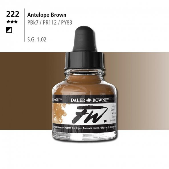Daler Rowney Fw Acrylic Artisits Ink 29.5 ml Damlalıklı Cam Şişe Antilope Brown 222 ürün görseli 1